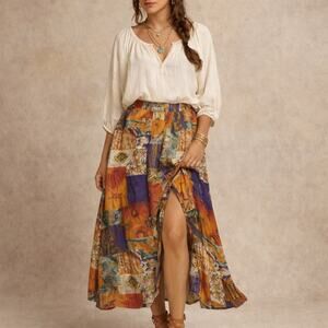 Vintage 90s y2k Patchwork Print Maxi Skirt Womens XL BOHO Hippie Gypsy Festival